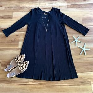 Lush Women’s Black Ribbed 3/4 Sleeve Drape Back Dress, Size Medium